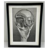 Framed Behind Glass M.C. Escher "Hand With Reflecting Globe" Print 12 3/4" x 16 3/4"