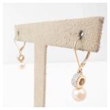 14K Gold Pearl & Diamond Dangle Earrings