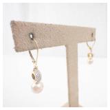 14K Gold Pearl & Diamond Dangle Earrings