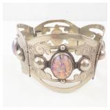 Taxco Mexican Sterling Silver Created Opal Cabochon Panel Bracelet - Filigree
