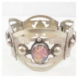 Taxco Mexican Sterling Silver Created Opal Cabochon Panel Bracelet - Filigree