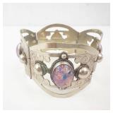 Taxco Mexican Sterling Silver Created Opal Cabochon Panel Bracelet - Filigree