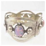 Taxco Mexican Sterling Silver Created Opal Cabochon Panel Bracelet - Filigree