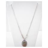 Sterling Silver Oval Agate Pendant Necklace - Beaded Edge Bezel Chain