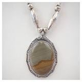 Sterling Silver Oval Agate Pendant Necklace - Beaded Edge Bezel Chain