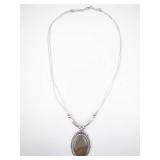 Sterling Silver Oval Agate Pendant Necklace - Beaded Edge Bezel Chain