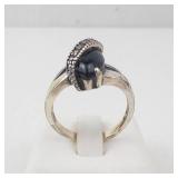 Onyx & Marcasite Setting Ring - Size 7.75-8