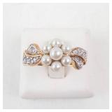 Pearl & CZ Cluster Ring - Size 9, Gold-Tone Jewelry