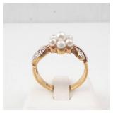 Pearl & CZ Cluster Ring - Size 9, Gold-Tone Jewelry