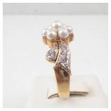 Pearl & CZ Cluster Ring - Size 9, Gold-Tone Jewelry
