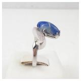 Faux Star Sapphire Ring - Size-S - Silver Tone Band With Textured Shoulders