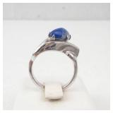 Faux Star Sapphire Ring - Size-S - Silver Tone Band With Textured Shoulders