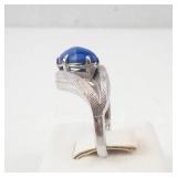 Faux Star Sapphire Ring - Size-S - Silver Tone Band With Textured Shoulders