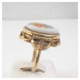 Floral Porcelain Cameo Ring - Gold Tone, Size 6-7, Vintage