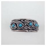 Turquoise Cabochon Filigree Ring - Silver-Tone, Size 6