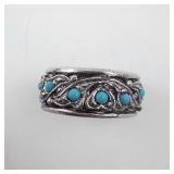 Turquoise Cabochon Filigree Ring - Silver-Tone, Size 6