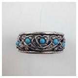 Turquoise Cabochon Filigree Ring - Silver-Tone, Size 6