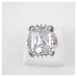 CZ Cocktail Ring - Silver Tone, Emerald-Cut Center with Halo - Size 5