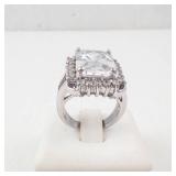 CZ Cocktail Ring - Silver Tone, Emerald-Cut Center with Halo - Size 5