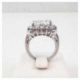 CZ Cocktail Ring - Silver Tone, Emerald-Cut Center with Halo - Size 5