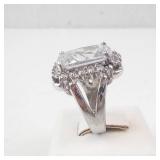 CZ Cocktail Ring - Silver Tone, Emerald-Cut Center with Halo - Size 5
