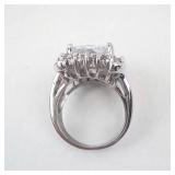 CZ Cocktail Ring - Silver Tone, Emerald-Cut Center with Halo - Size 5