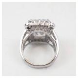 CZ Cocktail Ring - Silver Tone, Emerald-Cut Center with Halo - Size 5