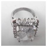 CZ Cocktail Ring - Silver Tone, Emerald-Cut Center with Halo - Size 5