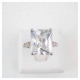 CZ Emerald-Cut Ring - Silver Tone with Pavé Band