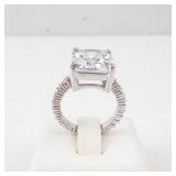 CZ Emerald-Cut Ring - Silver Tone with Pavé Band