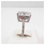 CZ Emerald-Cut Ring - Silver Tone with Pavé Band