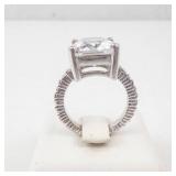 CZ Emerald-Cut Ring - Silver Tone with Pavé Band