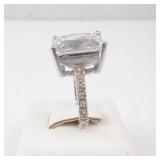 CZ Emerald-Cut Ring - Silver Tone with Pavé Band