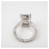 CZ Emerald-Cut Ring - Silver Tone with Pavé Band