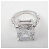 CZ Emerald-Cut Ring - Silver Tone with Pavé Band