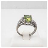 Peridot & Diamond Ring - Sterling Silver - Size 6.5 - Oval Center Stone