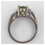 Peridot & Diamond Ring - Sterling Silver - Size 6.5 - Oval Center Stone