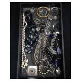 Jewelry Lot - Black Bead Necklaces, Pearl Strands, Silver Chains & Blue Crystal Charms