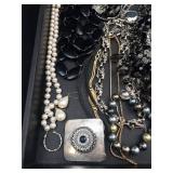 Jewelry Lot - Black Bead Necklaces, Pearl Strands, Silver Chains & Blue Crystal Charms
