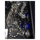 Jewelry Lot - Black Bead Necklaces, Pearl Strands, Silver Chains & Blue Crystal Charms