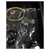 Jewelry Lot - Black Bead Necklaces, Pearl Strands, Silver Chains & Blue Crystal Charms