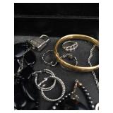 Jewelry Lot - Black Bead Necklaces, Pearl Strands, Silver Chains & Blue Crystal Charms