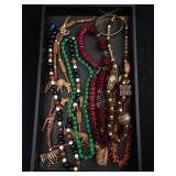 Bead Necklace Lot - Wooden Carved Beads, Green Beads, Black Beads, Red Disc Beads