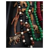 Bead Necklace Lot - Wooden Carved Beads, Green Beads, Black Beads, Red Disc Beads