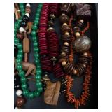 Bead Necklace Lot - Wooden Carved Beads, Green Beads, Black Beads, Red Disc Beads