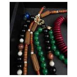 Bead Necklace Lot - Wooden Carved Beads, Green Beads, Black Beads, Red Disc Beads