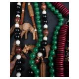 Bead Necklace Lot - Wooden Carved Beads, Green Beads, Black Beads, Red Disc Beads