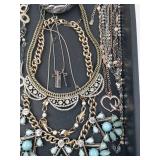 Assorted Fashion Jewelry Lot - Turquoise Flower Clusters, Rhinestone Bib Necklace, Cross Pendants