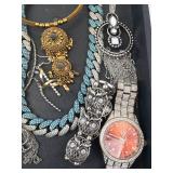 Costume Jewelry Lot - Turquoise Chain, Cross Pendants, Pearl Drops, Pink Watch