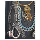Costume Jewelry Lot - Turquoise Chain, Cross Pendants, Pearl Drops, Pink Watch